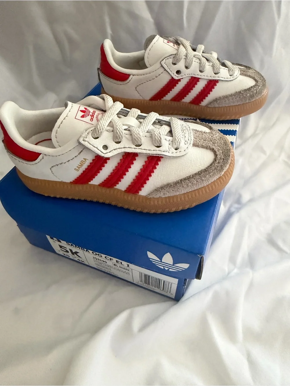 adidas Kids White Sneakers with Red Three-Stripes and Gum Sole